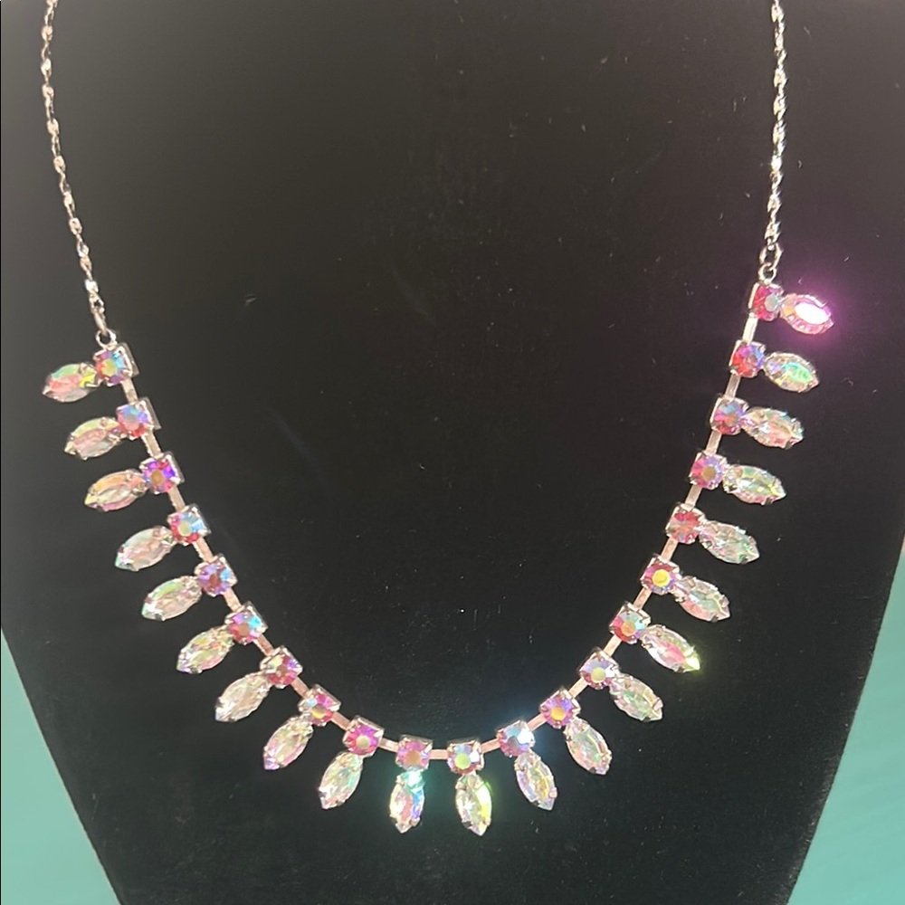Claire’s Sparkling Silver and Pink Aurora Teardrop Rhinestone Charm Necklace